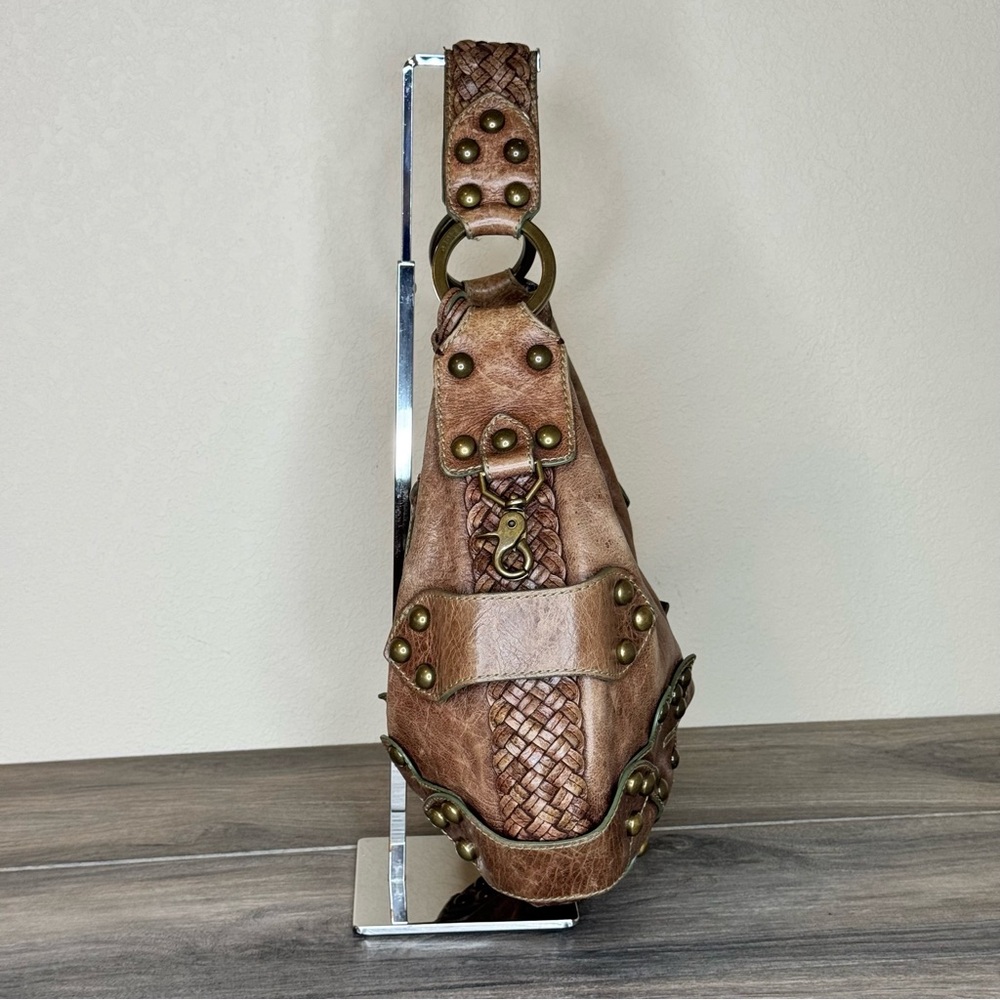 Isabella Fiore Oasis Hobo Brown Distressed Leather Brass Studded Shoulder Bag - Picture 4 of 16